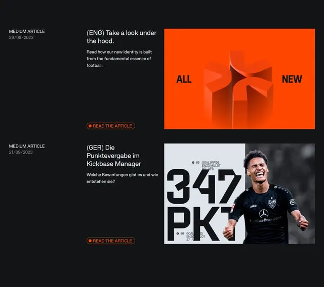 Kickbase dark article list section, dark-mode, minimal, dark