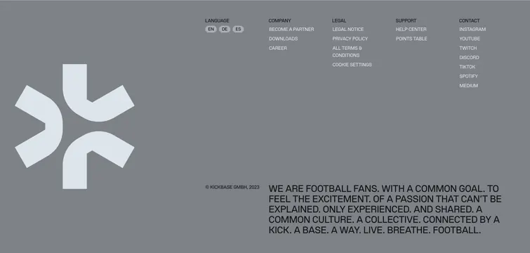 Kickbase manifesto footer with link columns, dark-mode, minimal, dark