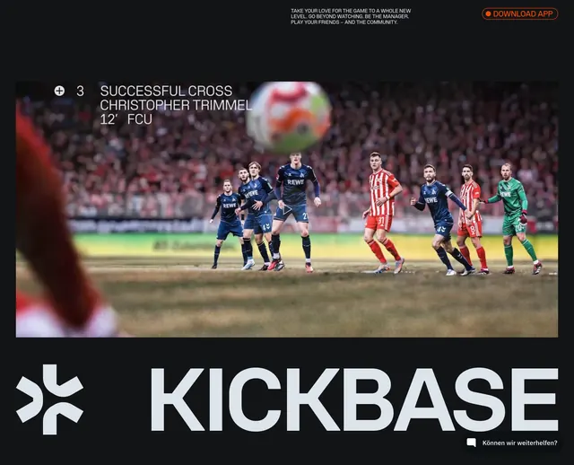 Kickbase cinematic match hero with wordmark, dark-mode, minimal, dark
