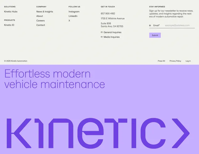 Kinetic Automation footer and brand lockup, minimal, corporate-clean, light