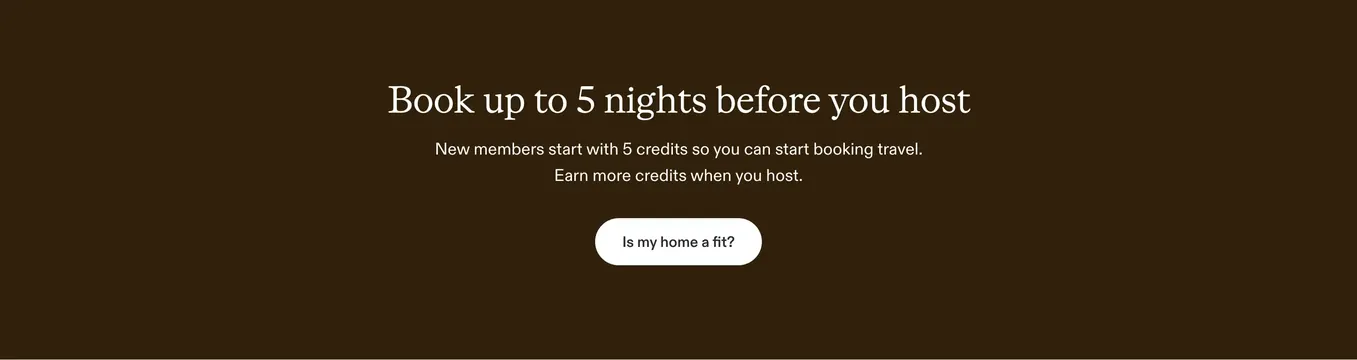 Kindred host onboarding credits CTA, minimal, editorial, dark