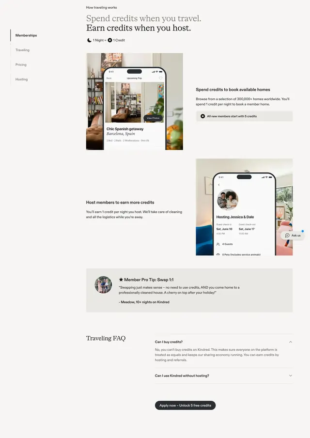 Kindred credits travel and hosting explainer, minimal, editorial, light