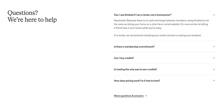Kindred two-column FAQ accordion, minimal, editorial, light