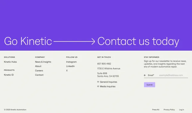 Kinetic purple contact CTA footer band, minimal, corporate-clean, light