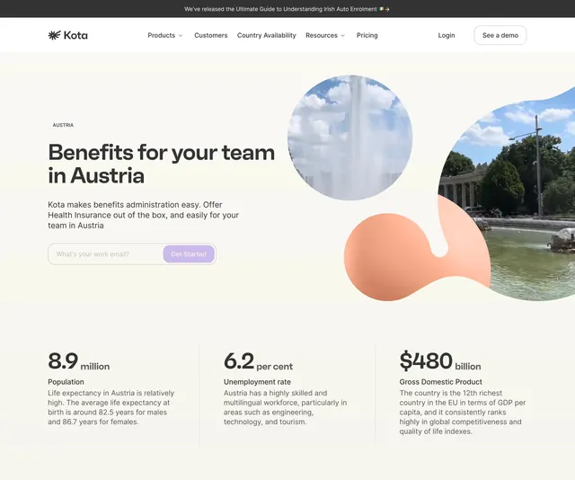 Kota Austria country landing hero, minimal, corporate-clean, light