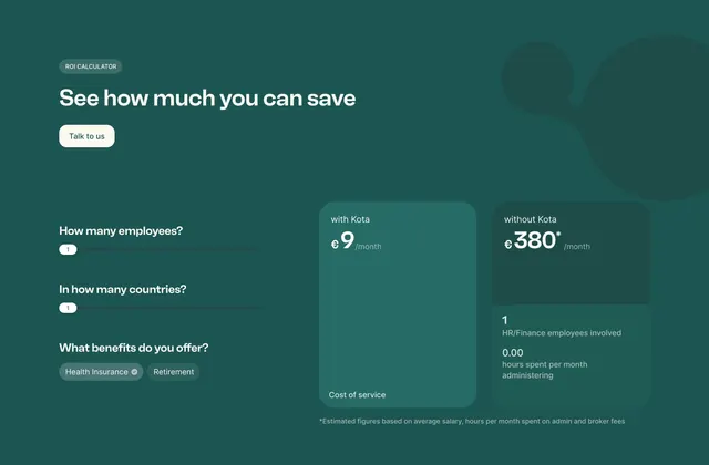 Kota ROI calculator interactive panel, minimal, corporate-clean, dark