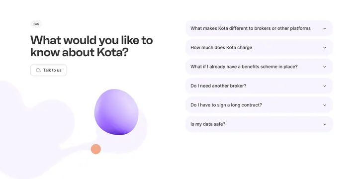 Kota homepage FAQ split layout, minimal, corporate-clean, light