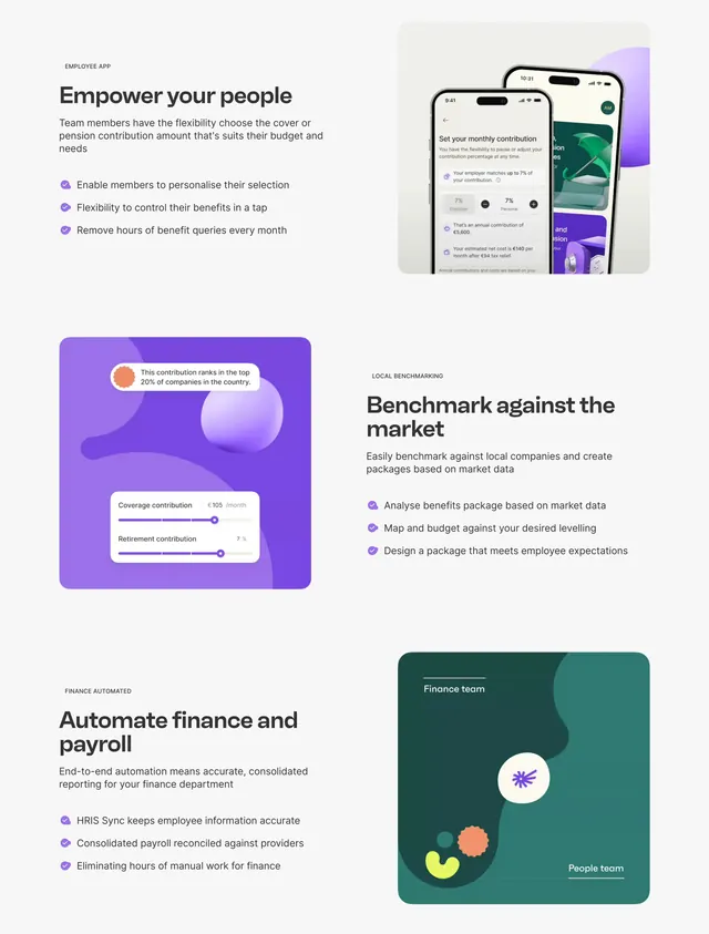 Kota homepage three feature rows with app UI, minimal, corporate-clean, light
