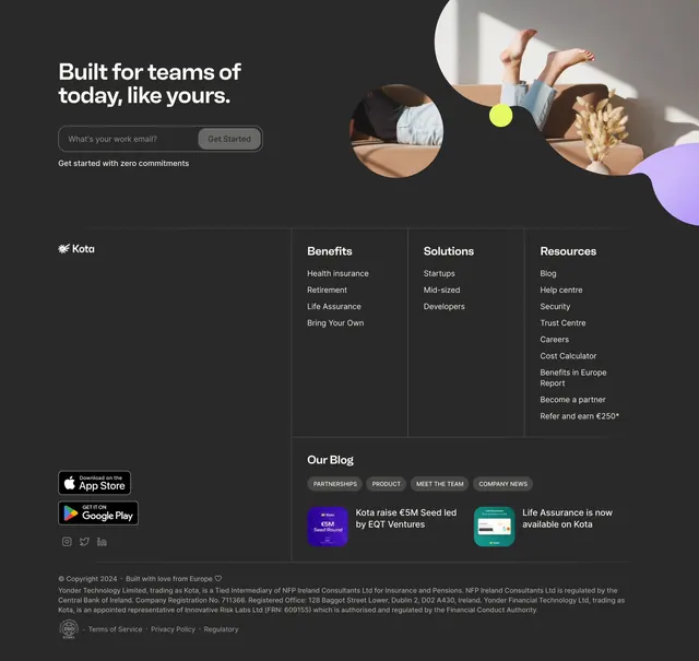 Kota homepage footer with CTA and blog, minimal, corporate-clean, dark