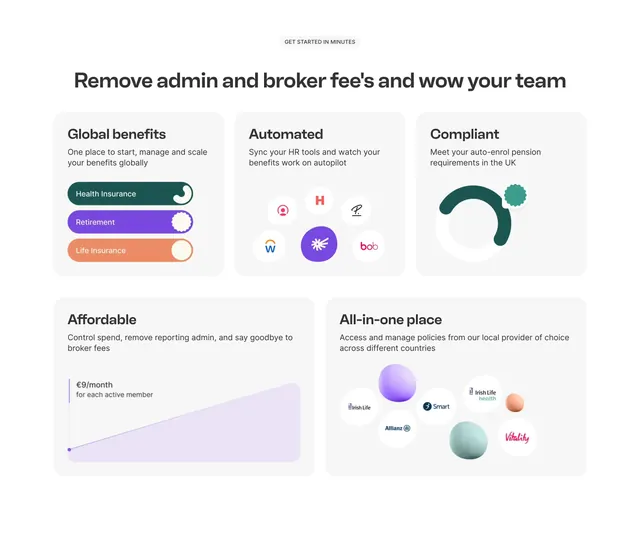 Kota get started benefits bento grid, minimal, corporate-clean, light