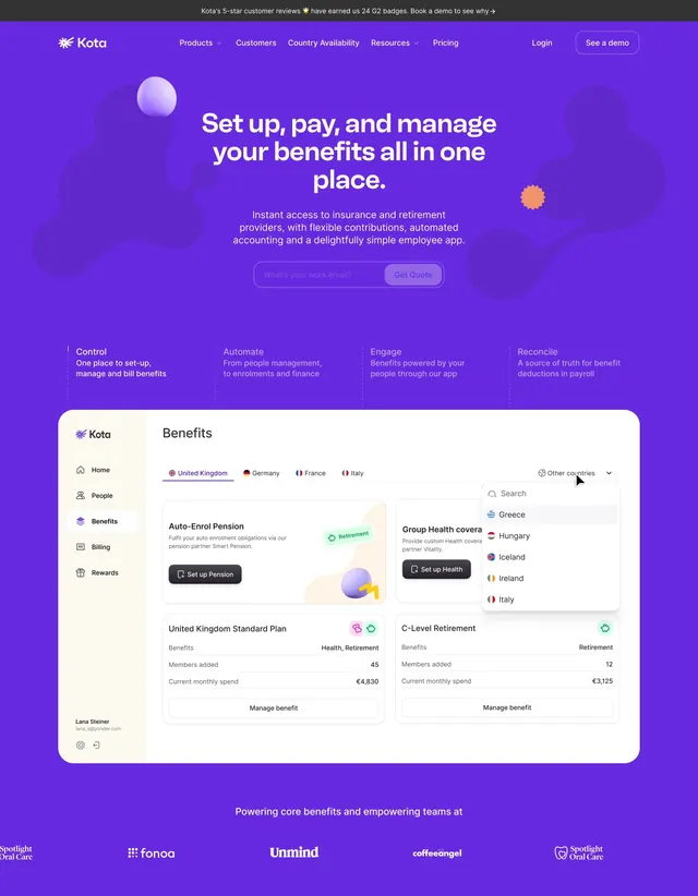 Kota homepage purple hero with dashboard, minimal, corporate-clean, dark