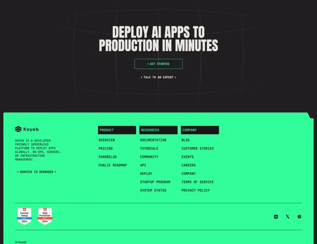 Koyeb dark CTA-plus-footer with neon green accents, dark-mode, technical, dark
