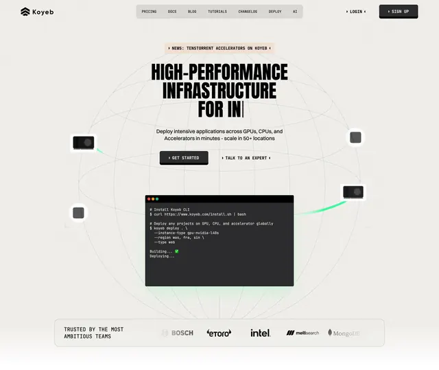 Koyeb centered infra hero with CLI terminal and globe, light-mode, technical, light