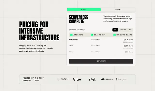 Koyeb split pricing with tabbed serverless compute card, light-mode, technical, light