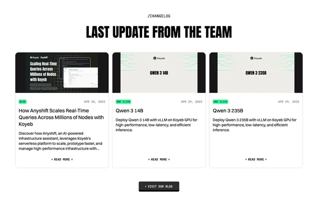 Koyeb changelog resources in three blog cards, light-mode, minimal, light
