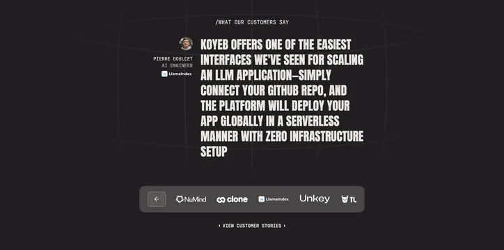 Koyeb dark single-quote testimonial with logo carousel, dark-mode, technical, dark
