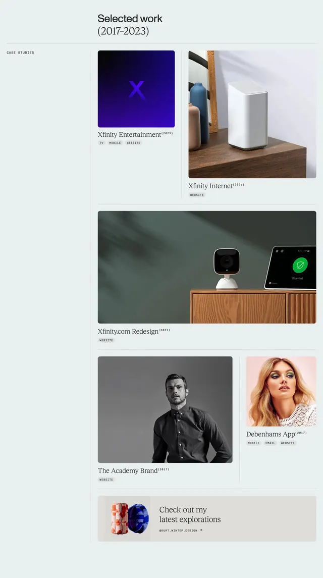 Kurt Winter selected work portfolio grid, minimal, editorial, light