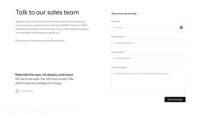 Laravel Cloud two-column sales contact form, light-mode, minimal, light