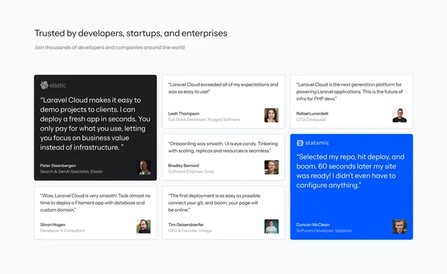 Laravel Cloud bento testimonial grid, light-mode, minimal, light