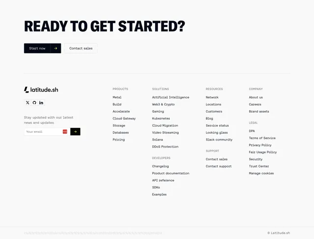 Latitude CTA-topped five-column footer, light-mode, minimal, light