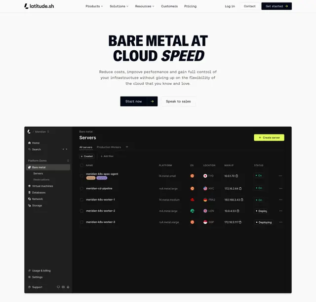 Latitude centered hero with dark server dashboard, light-mode, technical, light