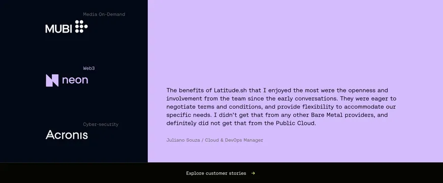 Latitude split dark/lavender testimonial with categorized logos, dark-mode, minimal, dark