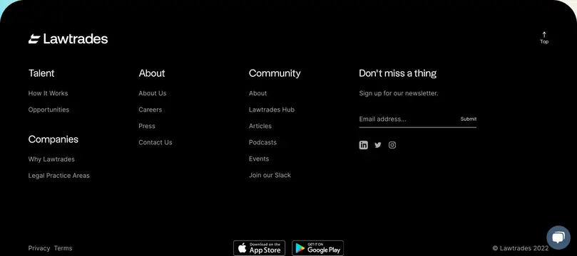 Lawtrades dark footer with newsletter, minimal, corporate-clean, dark