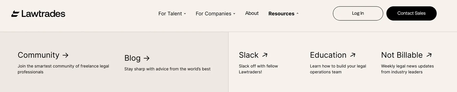 Lawtrades Resources mega menu navbar, minimal, corporate-clean, light