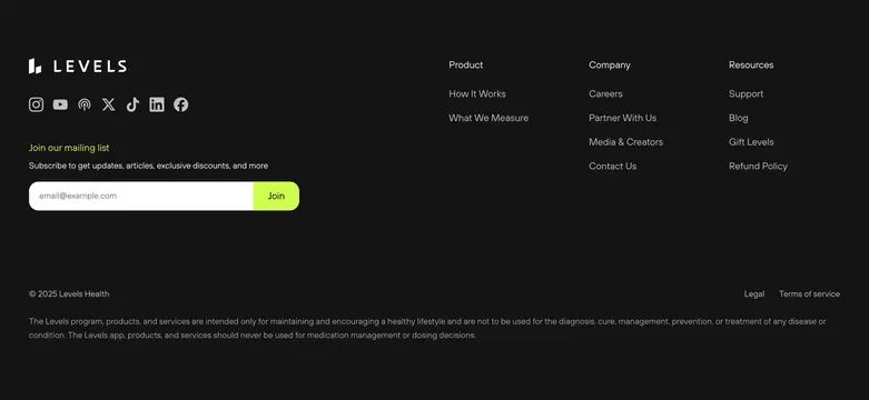 Levels Health dark footer newsletter, minimal, dark-mode, dark