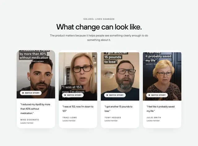 Levels member story video cards, minimal, corporate-clean, light