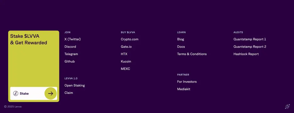 Levva stake CTA footer grid, minimal, dark-mode, dark
