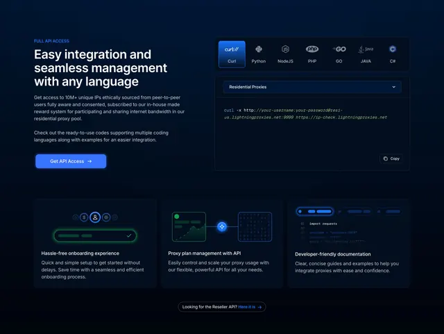 Lightning Proxies dark API features with code panel, dark-mode, technical, dark