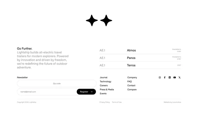 Lightship Go Further footer, minimal, corporate-clean, light