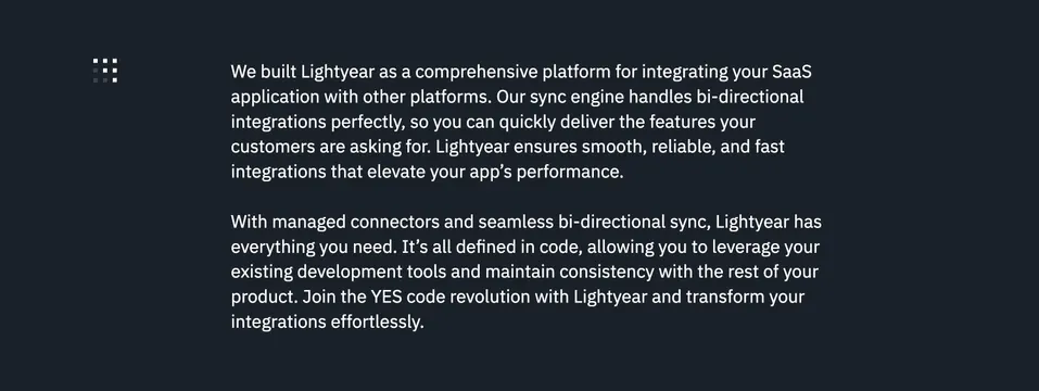 Lightyear Mission Statement Section, dark-mode, minimal, dark
