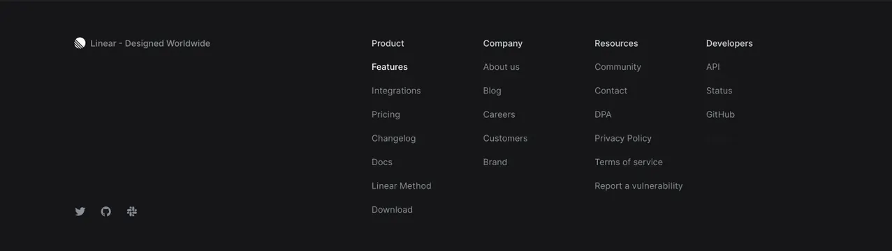 Linear dark multi-column footer, dark-mode, minimal, dark