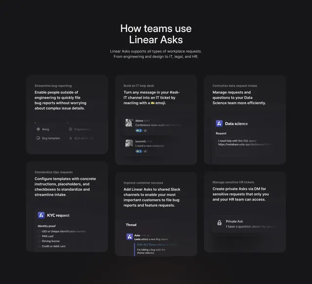 Linear Asks use-case grid, dark-mode, minimal, dark