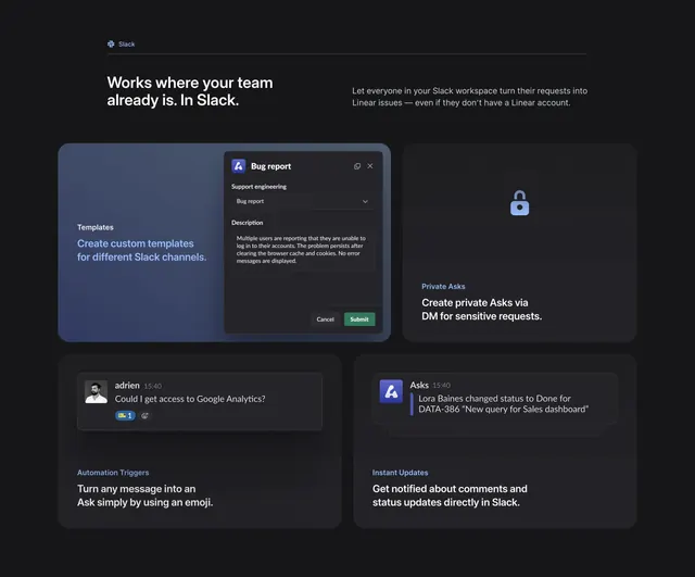 Linear Asks Slack integration features, dark-mode, minimal, dark