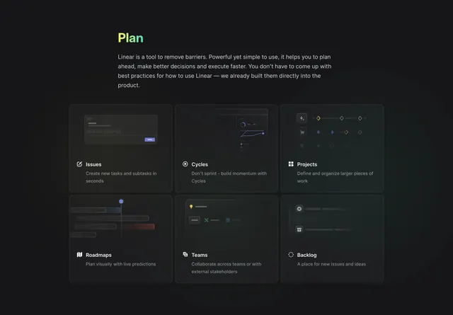 Linear Plan feature grid, dark-mode, minimal, dark
