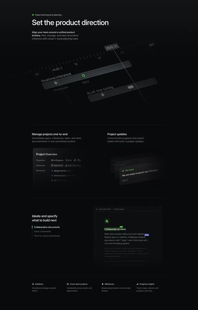 Linear Features Section, dark-mode, minimal, dark