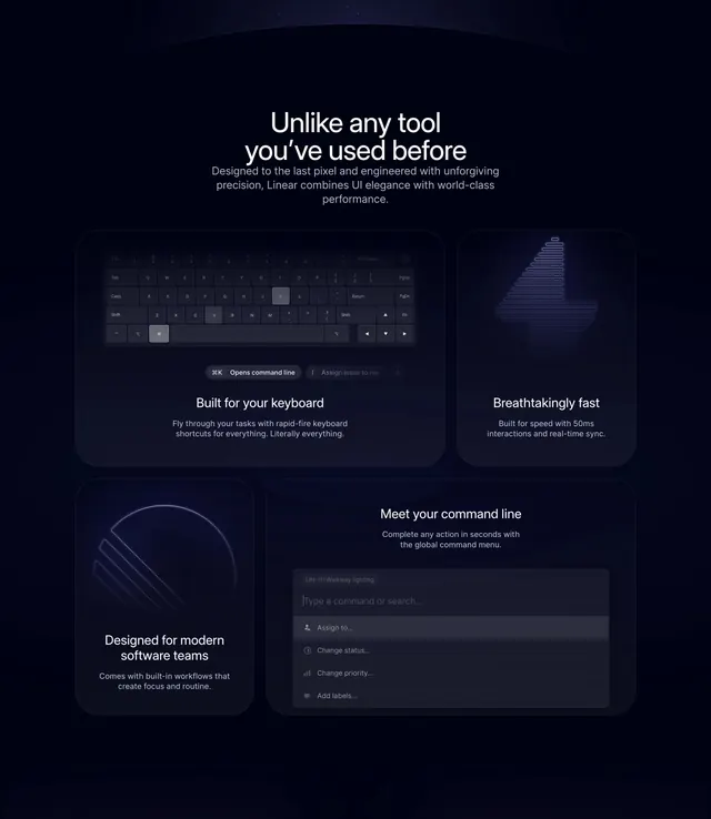 Linear differentiated features bento, dark-mode, minimal, dark