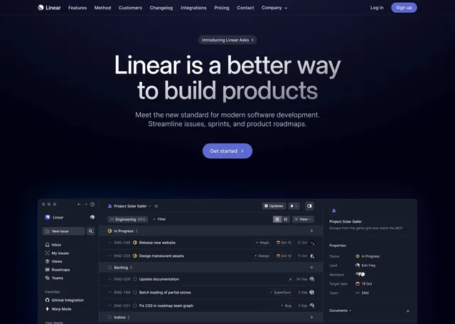 Linear homepage hero with app preview, dark-mode, minimal, dark