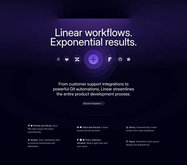 Linear integrations workflow hero, dark-mode, minimal, dark