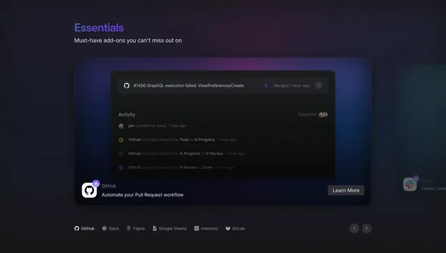 Linear Essentials integrations spotlight, dark-mode, minimal, dark