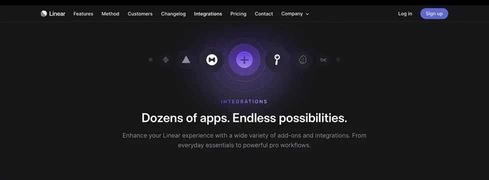 Linear integrations page hero, dark-mode, minimal, dark
