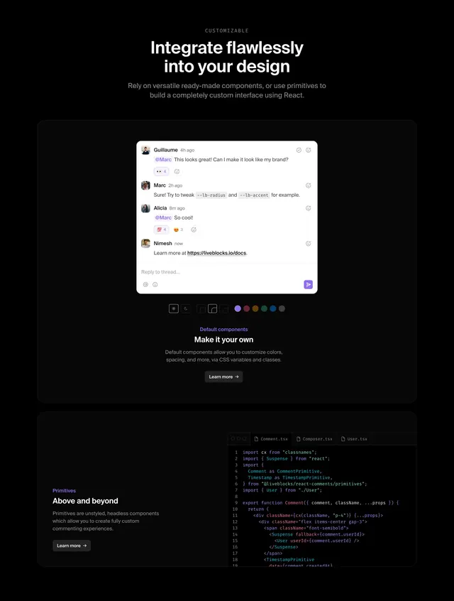 Liveblocks comments customization section, dark-mode, minimal, dark