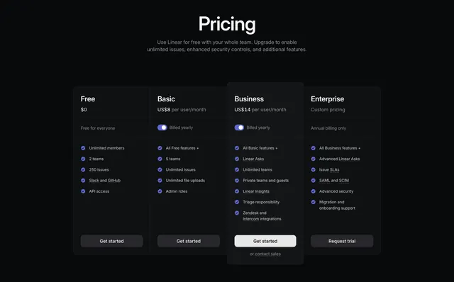 Linear Pricing Section, dark-mode, minimal, dark