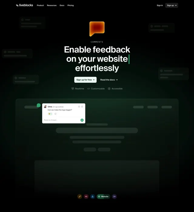 Liveblocks Comments product hero, dark-mode, minimal, dark