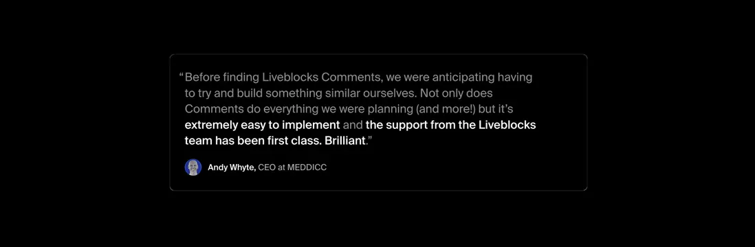 Liveblocks customer testimonial card, dark-mode, minimal, dark