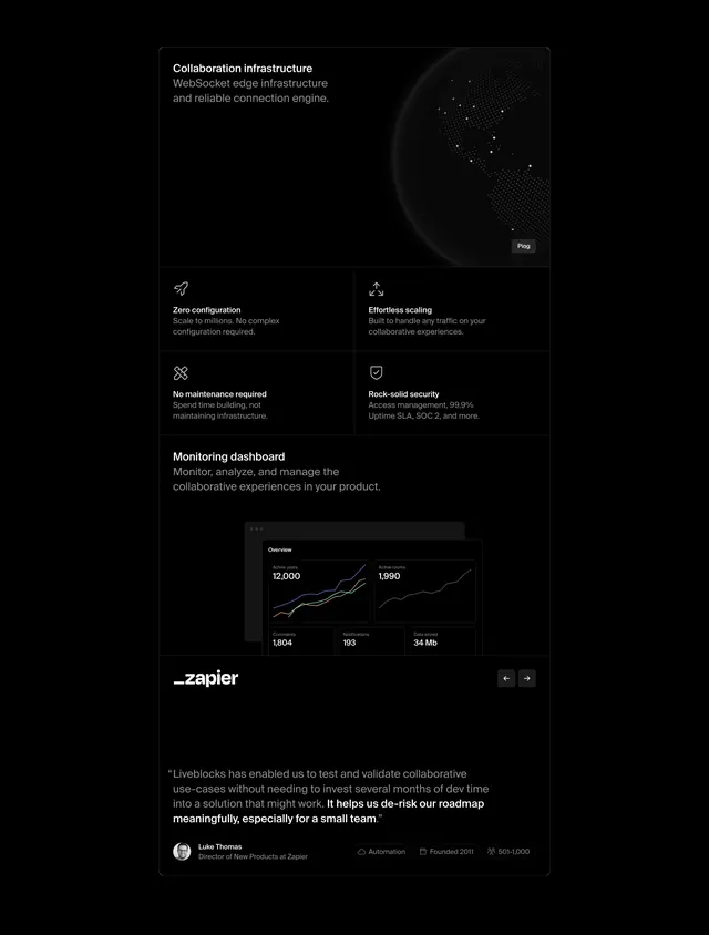 Liveblocks infrastructure benefits stack, dark-mode, minimal, dark