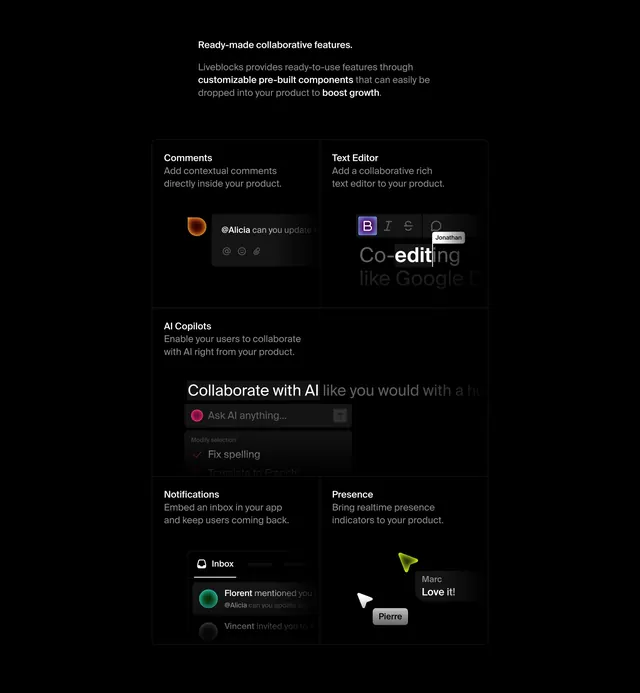Liveblocks bento features grid, dark-mode, minimal, dark